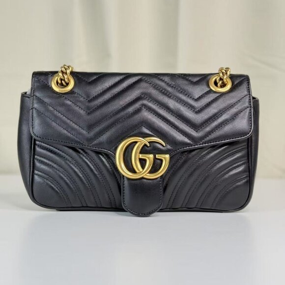 Gucci Handbags - Gucci Black Leather Medium Marmont Shoulder Bag with Gold Hardware